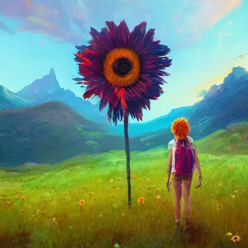 Image similar to giant daisy flower head, girl hiking in the mountains, surreal photography, sunrise, dramatic light, impressionist painting, colorful clouds, digital painting, artstation, simon stalenhag