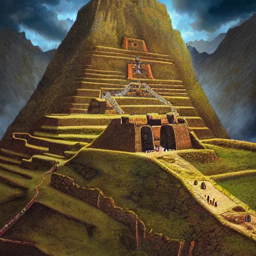 Image similar to digital painting of paramonga incan fortress, by filipe pagliuso and justin gerard, symmetric, fantasy, highly detailed, realistic, intricate, portrait, sharp focus, tarot card