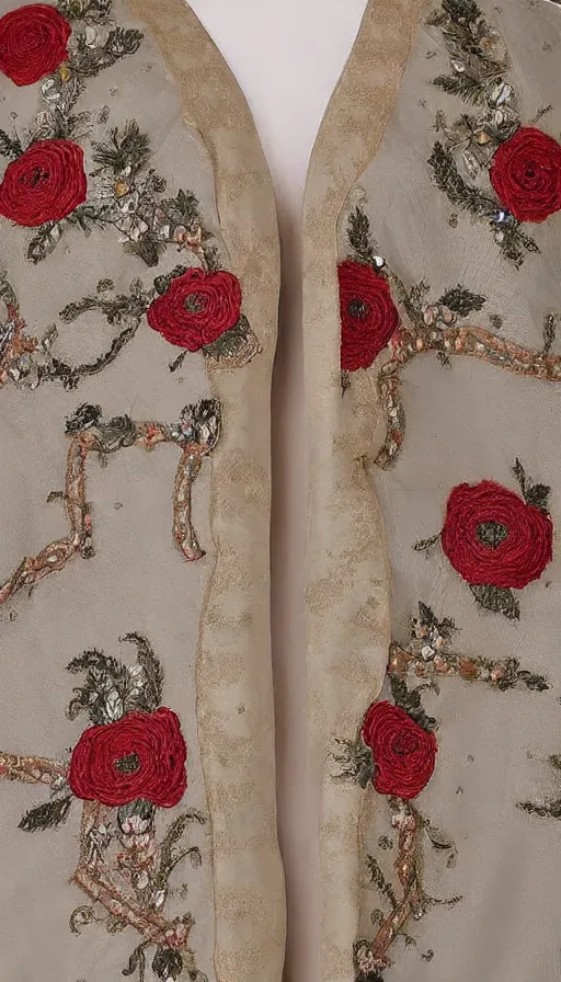 Prompt: long beautiful voluminous medieval court dress with train and embroidered flowers