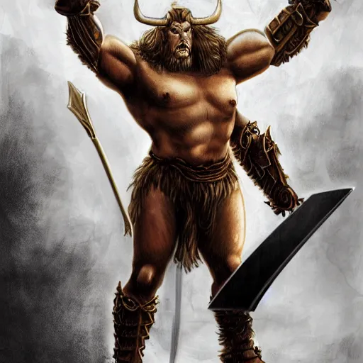 Prompt: Giant minotaur humanoid beast warrior with two handed axe, heavy white and golden armor, impressive horns, long mane, full body, muscular, dungeons and dragons, hyperrealism, high details, digital painting, dark fantasy