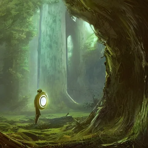 Image similar to a man standing in front of a portal in the middle of a forest, poster art by stephan martiniere, behance contest winner, sci - fi, reimagined by industrial light and magic, concept art