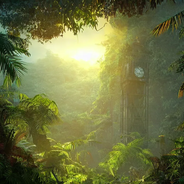 Image similar to a tall clock tower in a jungle!, mist, tropical trees, vines, birds, sunset!, fluffy clouds, warm colors, beautiful lighting, digital art, intricate details, trending on artstation