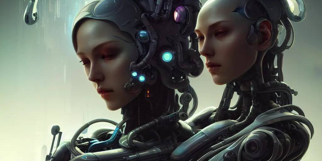 Image similar to ultra detailed, the creation of a female android, sci - fi, eerie, cyborg, cyberpunk, fantasy, triadic color scheme, octane render, matte painting, asymmetrical, intricate concept art, triadic color scheme, art by artgerm and michelangelo and dzo and greg rutkowski and alphonse mucha and wlop