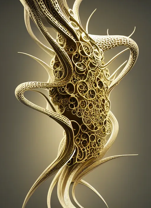 Image similar to abstract organic ornament in fluid creature, white and gold biomechanic plastic, glow lighting, fantasy, intricate, elegant, highly detailed, lifelike, photorealistic, octane render, 3d, concept art, smooth, sharp focus,