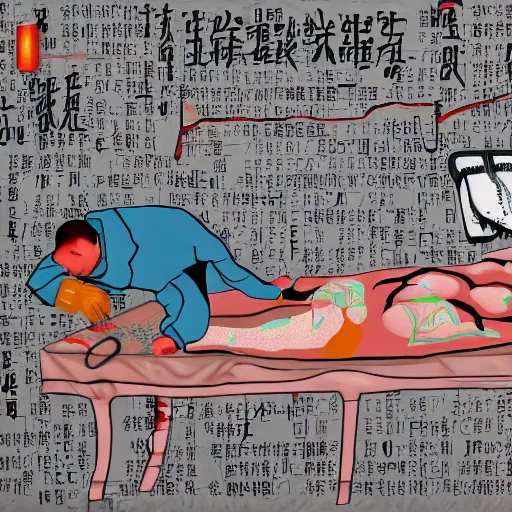 Prompt: chinese surgeons cutting up a body on an operating table, in the style of daniel johnston and outsider art, 8k, line brush, minimal, overlaid with traditional chinese adverts, flat