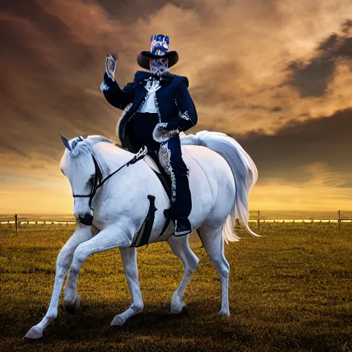 Prompt: a man on a horse wearing a clown suit. photorealistic 4k