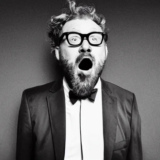 Image similar to a black and white photo of a man with his mouth open, a stock photo by john e. berninger, featured on dribble, cynical realism, criterion collection, stock photo, wimmelbilder