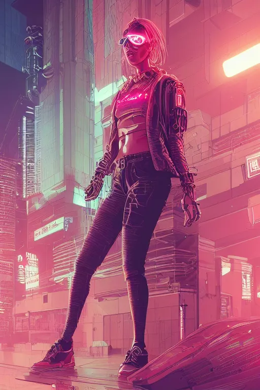 Image similar to portrait of a cyberpunk girl with a ribbed biomechanic parts and neon light, illustrated by Laurie Greasley and Michael Whelan and Igor Morski, crepy ambiance, highly detailed, trending on artstation