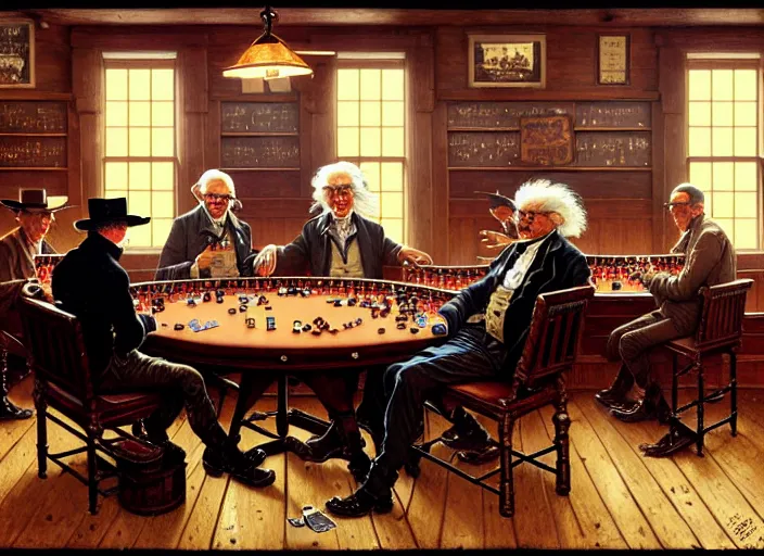 Image similar to in an old west saloon isaac newton and stephen hawking and albert einstein playing poker, intricate, highly detailed, centered, digital painting, artstation, concept art, smooth, illustration, muted colors, art by norman rockwell and greg rutkowski and james gurney chuck close