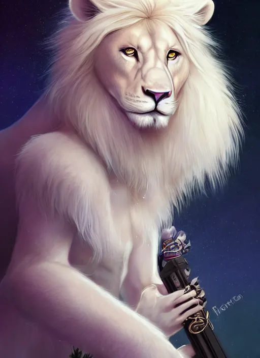 Prompt: award winning beautiful portrait commission of a male furry anthro albino lion fursona with a tail and a cute beautiful attractive detailed furry face wearing rockstar clothes on a live stage. Character design by charlie bowater, ross tran, artgerm, and makoto shinkai, detailed, inked, western comic book art