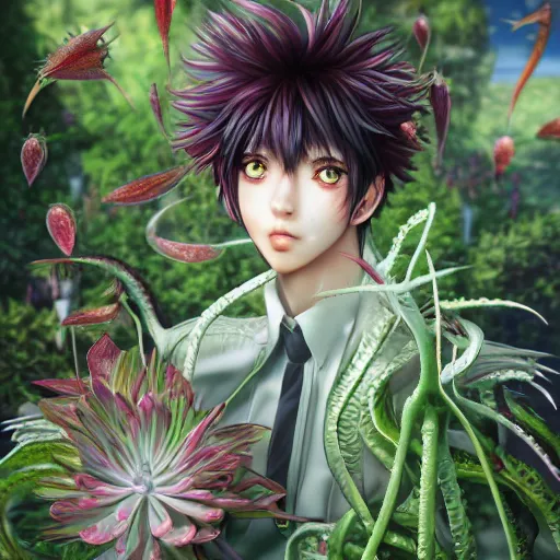 Prompt: the portrait of a beautiful, elegant, succulent venus flytrap anime man, hyperrealistic anime illustration by iralki nadar, reflective eyes, extremely detailed intricate linework, smooth, super sharp focus, bright colors, high contrast, matte, octopath traveler, unreal engine 5 highly rendered, global illumination, radiant light, 8 k