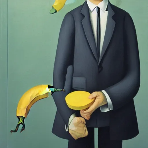 Prompt: ape in suit and bowler hat holding banana oil painting magritte