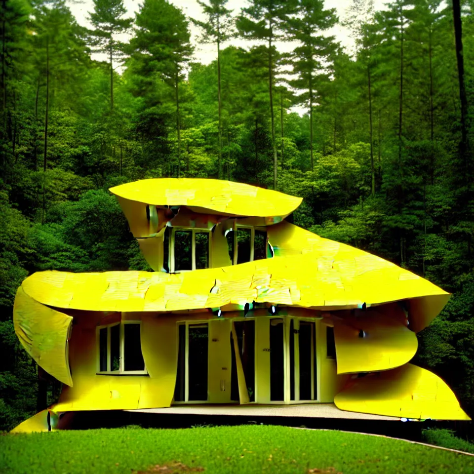 Image similar to a bungalow with big tiles in a forest, designed by Frank Gehry. Film grain, cinematic, yellow hue