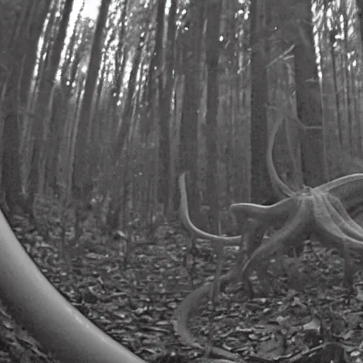 Image similar to a weird giant squid octopus caught on trailcam nightvision footage camera, grainy low quality, forest