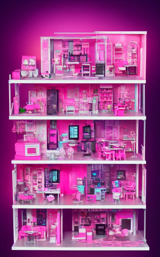 Prompt: a cute pink cyberpunk doll house, barbie house by mattel, octane rendered, led lighting, 4 k