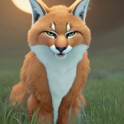 Prompt: a wholesome animation key shot of a cute fluffy caracal wearing white robe, studio ghibli, pixar and disney animation, sharp, rendered in unreal engine 5, anime key art by greg rutkowski, bloom, dramatic lighting