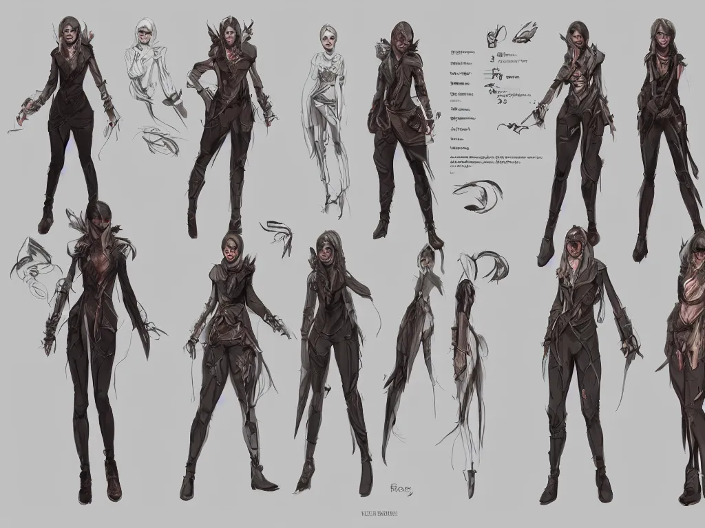 Prompt: cinematic digital concept art fashion character reference sheet in high quality with ultra details, full body, vibrant colours, assasin