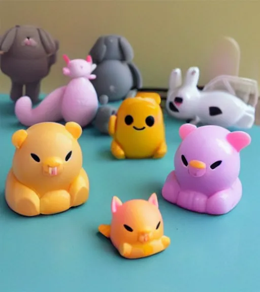 Image similar to some cute plastic toys that look like animal characters, pastel colors