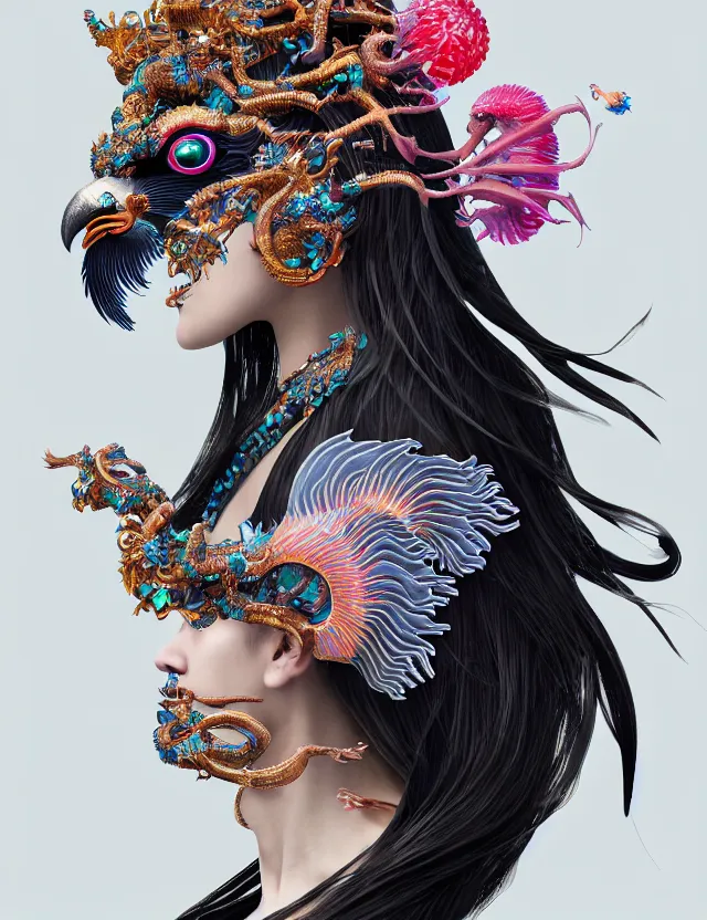 Image similar to 3 d goddess close - up profile portrait with crown, ram skull. beautiful intricately detailed neon japanese crow kitsune mask and clasical japanese kimono. betta fish, jellyfish phoenix, bio luminescent, plasma, ice, water, wind, creature, artwork by tooth wu and wlop and beeple and greg rutkowski