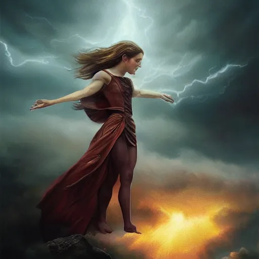 Prompt: emma watson bowing before a hurricane, summoning a storm to wipe louisiana off the map, dramatic sorcery, stormcaller, art by tom bagshaw