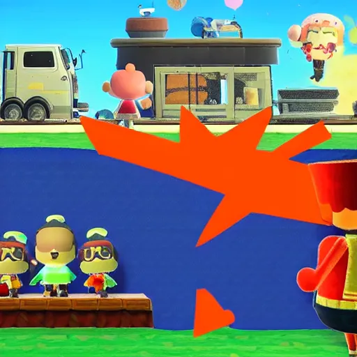 Image similar to screen shot of carpet bombing in animal crossing, large explosions, fire, chaotic