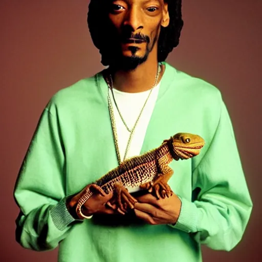 Prompt: Snoop Dogg holding his pet lizard for a 1990s sitcom tv show, Studio Photograph, portrait, C 12.0