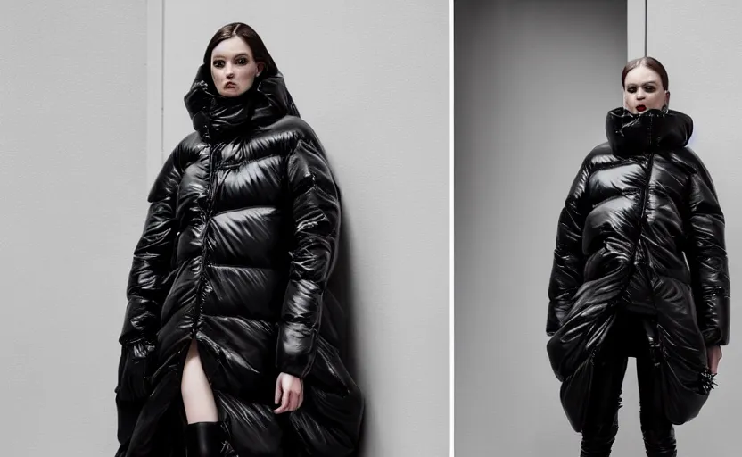 Prompt: well lit fashion photo of extremely beautiful female marble statue wearing huge over size asymmetrical puffer jacket with complex asymmetrical holes and openings, a deconstructed puffer jacket, futuristic outerwear, balenciaga, a cold wall, sharp focus, clear, detailed,, cinematic, romantic, detailed, glamourous, symmetrical, vogue, editorial, fashion, magazine shoot, glossy