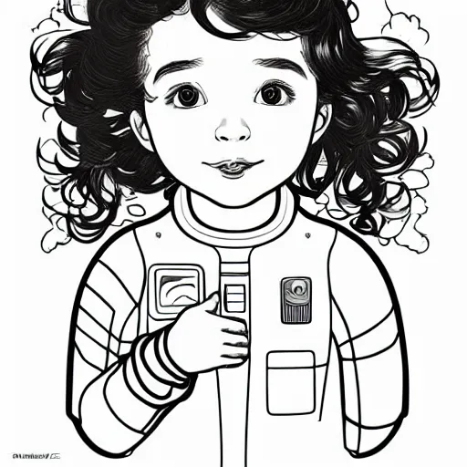 Image similar to clean simple line art of a cute little girl with a mischievous face and short brown wavy curly hair. she is dressed as an astronaut. no background. well composed, clean coloring book page, beautiful detailed face. coloring book line art by artgerm and greg rutkowski and johanna basford and alphonse mucha