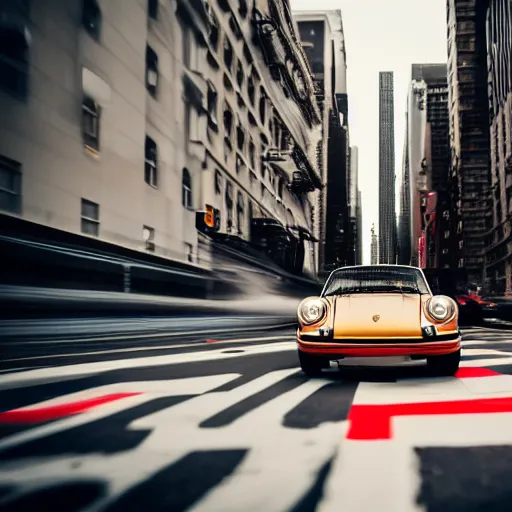 Image similar to photo of a porsche 9 1 1 9 6 4 drifting through nyc, cinematic, motion blur, shallow dof, 3 5 mm, heli shot, macro