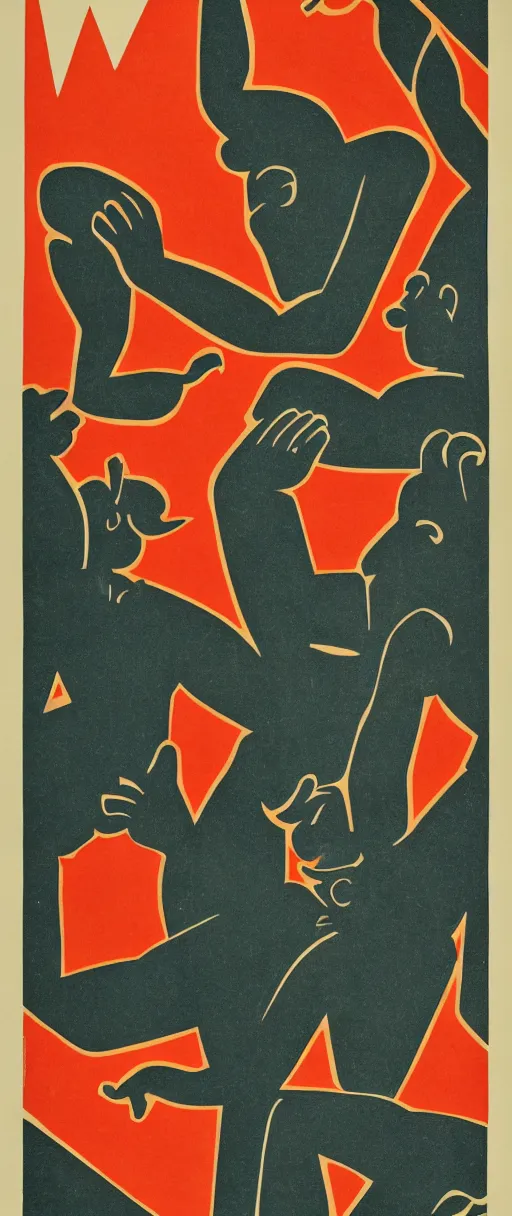 Prompt: mid-century block print propaganda poster promoting nonsense