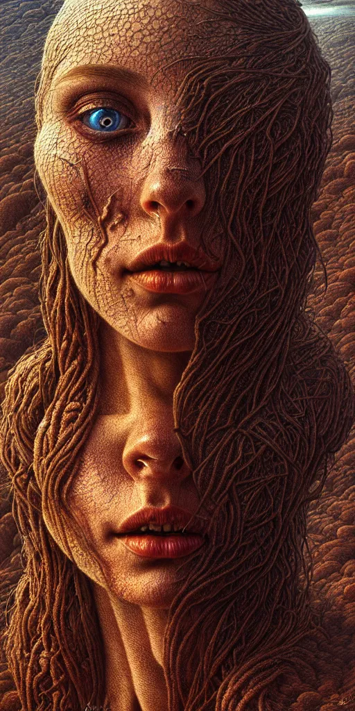 Image similar to ultra realist intricate detailed portrait of a single rugged attractive female on an alien lanscape, insanity, accurate features, apocalyptic, very intricate details, 8 k resolution, dim lighting, artstyle zdzisław beksinski and keith thompson, award winning