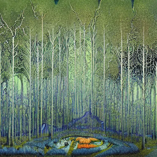 Prompt: a highly detailed album cover for electric forestry of a dense forest by bosch, by giger, by beardsley, lush greenery and electricity coming down to treetop transformers from storm clouds in a vivid blue sky, psychedelic color scheme