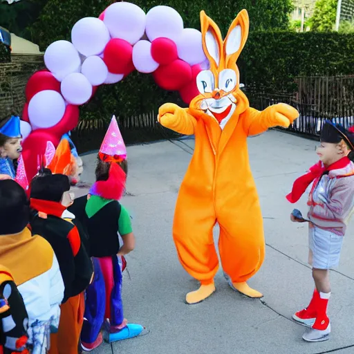 Prompt: paparazzi photo Man in Bugs Bunny costume spying on children at a birthday party, high quality, good lighting, masterpiece, beautiful beautiful beautiful beautiful beautiful