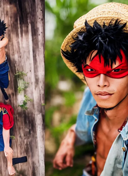 Image similar to A full portrait photo of real-life luffy one piece, f/22, 35mm, 2700K, lighting, perfect faces, award winning photography.