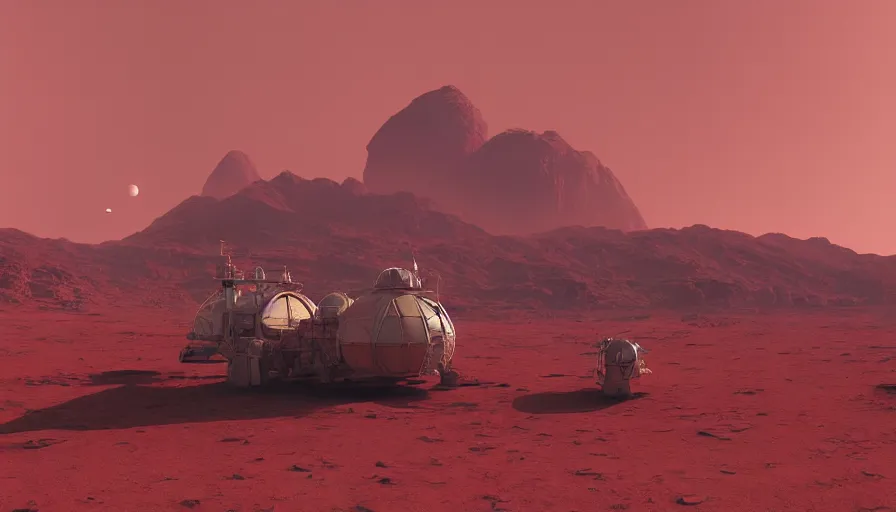 Image similar to craig mullins digital illustration of a moon base on a red desert planet, unreal engine, hyper realism, realistic shading, cinematic composition, realistic render, octane render, detailed textures, photorealistic, wide shot