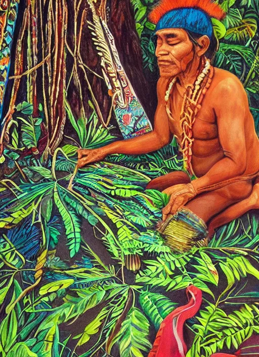 Prompt: a beautiful painting of an indigenous shaman doing crafting of a beautiful fabric in the jungle, realistic, ayahuasca