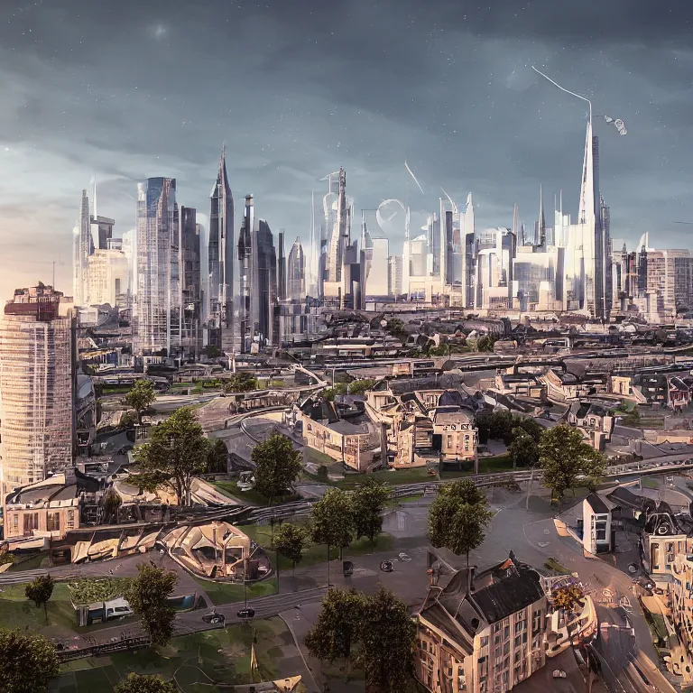 Image similar to The future is beautiful. Arnhem skyline. Rough brush strokes and grainy. Interesting colour scheme. Detailed. Beautiful digital artwork by artist Lurid. (2022)