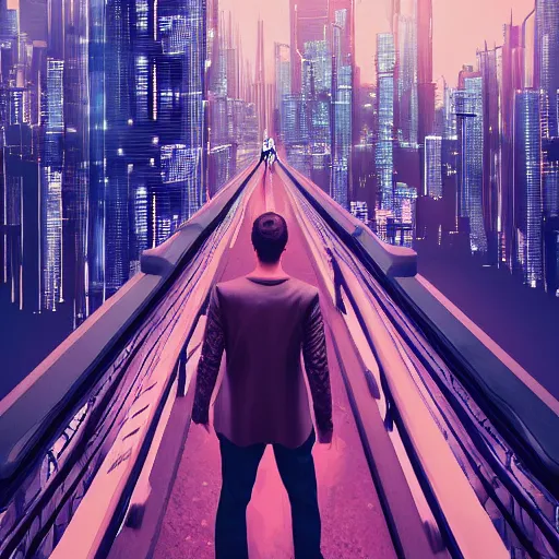 Image similar to a man standing on top of a bridge over a city, cyberpunk art by vincent lefevre, behance contest winner, altermodern, cityscape, synthwave, matte painting