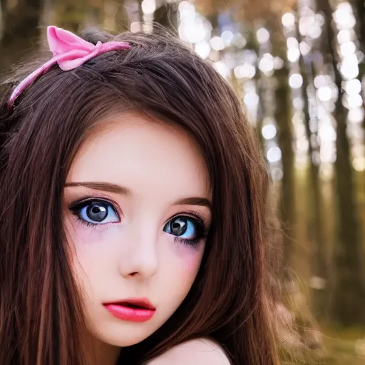 Prompt: photo of an adorable anime girl with long brown hair, looking partly to the left, blue shining eyes, light makeup, light pink lipstick, bokeh forest background, 4k, highly detailed, cel-shaded