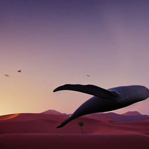 Prompt: a giant whale flying above a desert, golden hour, realism, 4 k, octane render, award winning photograph