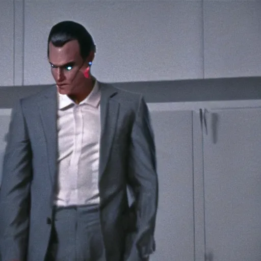 Image similar to Humanoid HIMARS as The American Psycho, cinematic still, sweating hard