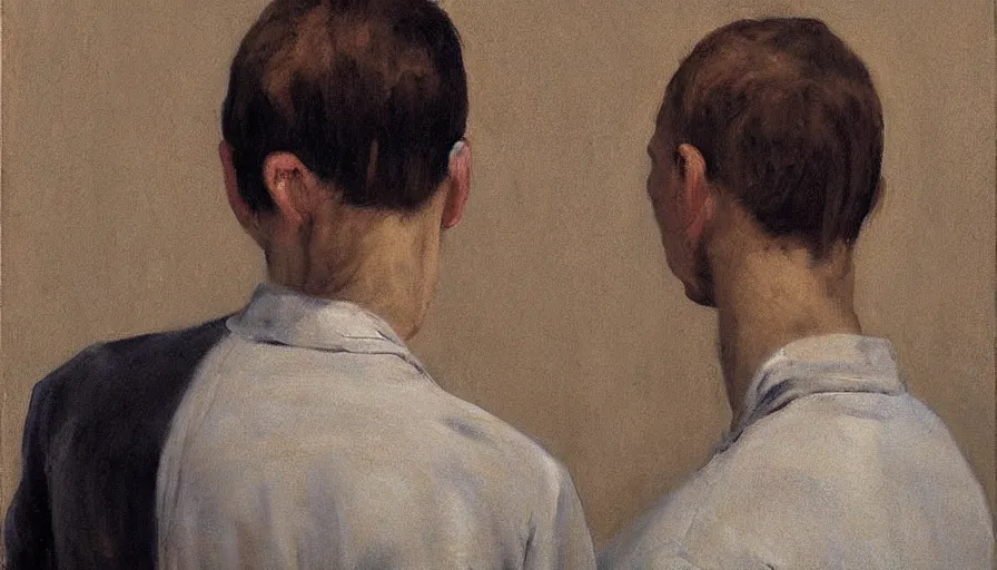 Image similar to painting by borremans, a man looks like mirroring himself, detailed, stunning