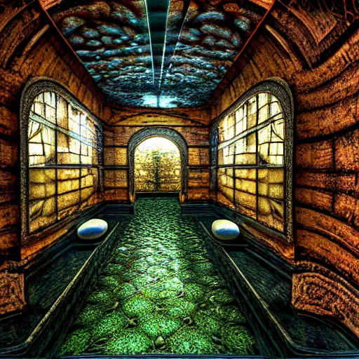 Image similar to hyperrealism photography computer simulation visualisation of parallel dark universe detailed old bath in the detailed ukrainian village garden in dramatic scene from movie the big lebowski ( 1 9 9 8 ) by taras shevchenko and alejandro jodorowsky and andrei tarkovsky rendered in mandelbulb 4 d fractal