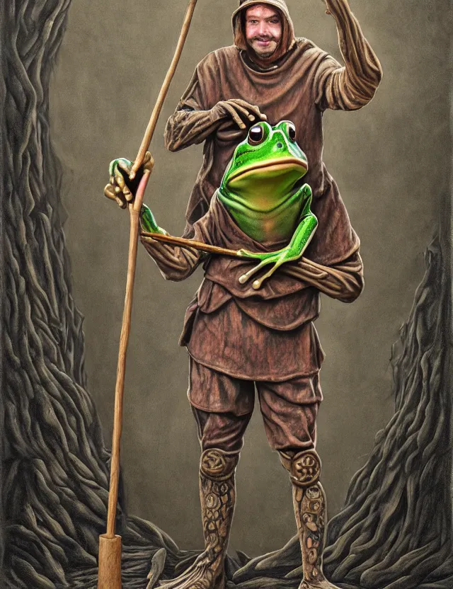 Image similar to anthropomorphic bipedal frog that is dressed as a medieval worker, and holding a gnarled wooden club, as a matte oil painting, d & d character reveal, by alex grey, standing, fullbody, tattoos, cybernetics, fog, mystic, bright, concept art, award - winning, extremely detailed, sharp focus