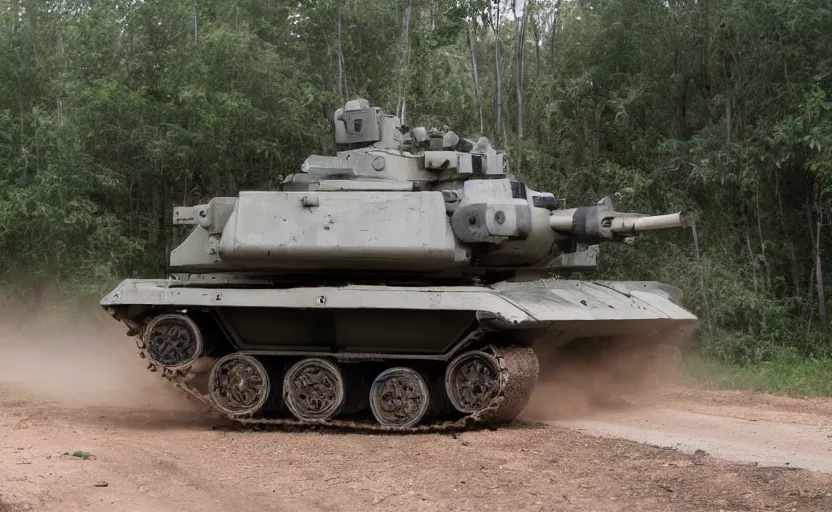 Prompt: a mechanical cyber tank driving on a dirt road, f 2. 8, iso 4 0 0