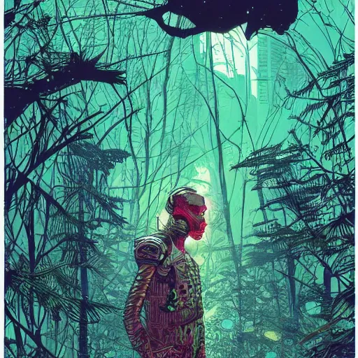 Image similar to stunningly intricate portrait of a single cyberpunk explorer in a lush forest, highly detailed, midnight, by victo ngai and afarin sajedi, moebius, laurie greasley