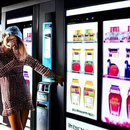 Image similar to a model wearing street fashion stands in a vast empty landscape next to a drinks vending machine