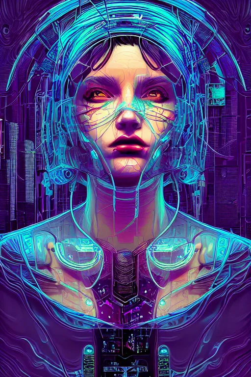 Image similar to dreamy cyberpunk girl, abstract mirrors, digital nodes, beautiful woman, detailed acrylic, grunge, intricate complexity, by dan mumford and by konstantinas ciurlionis