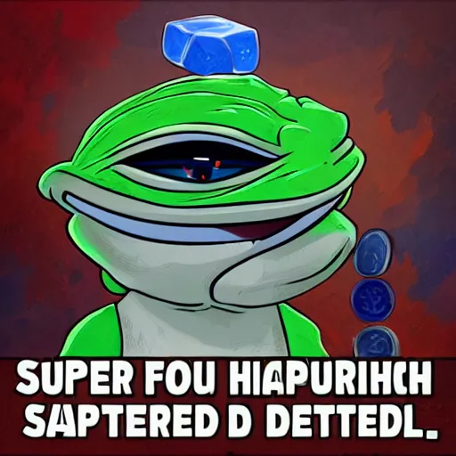 Prompt: super rich happy pepe, vault, coins, hyper detalied, blue crystals, greg rutkowski