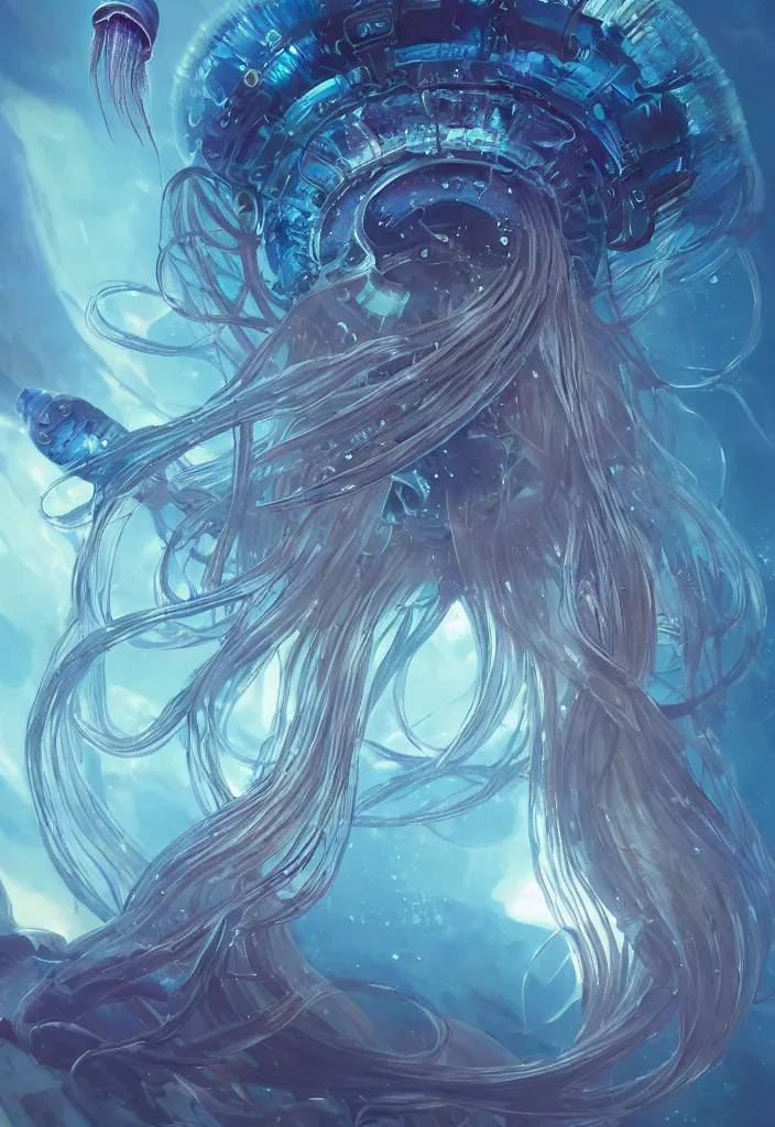 Image similar to Panorama hyper detailed painting of a cyberpunk jellyfish, blue tones, underwater, 8 mm, highly detailed, digital painting, artstation, concept art, smooth, sharp focus, illustration, art by artgerm and greg rutkowski and alphonse mucha